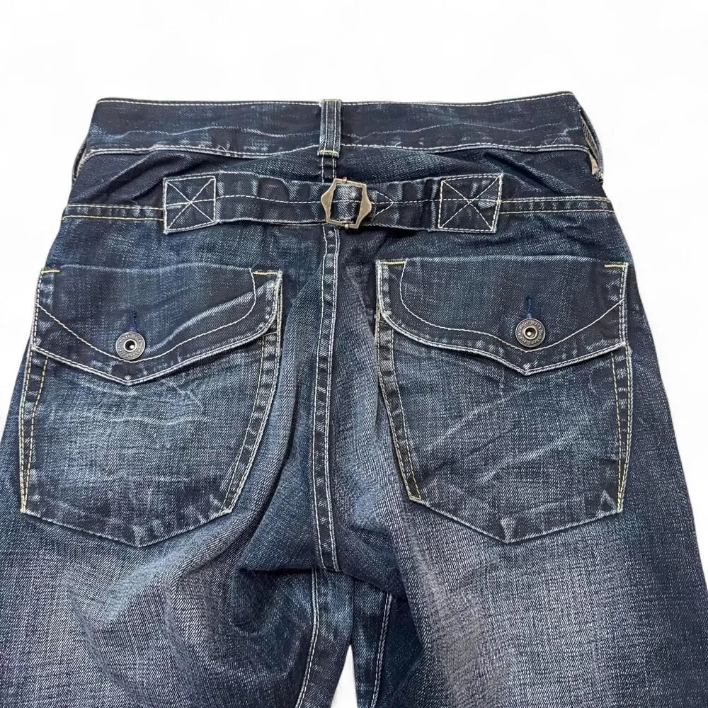 Y2K Back Number Japanese Denim Buckle Back Capri Jeans Gyaru Dark Wash Grunge - Picture 6 of 7